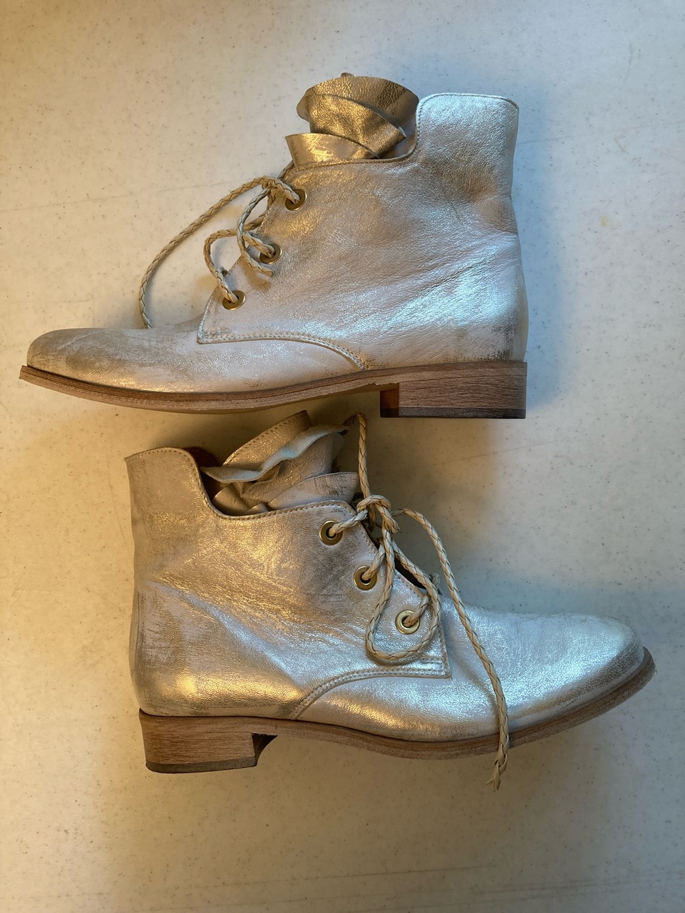 Metallic Gold Italian Leather Lace-Up Women's Ankle Boots